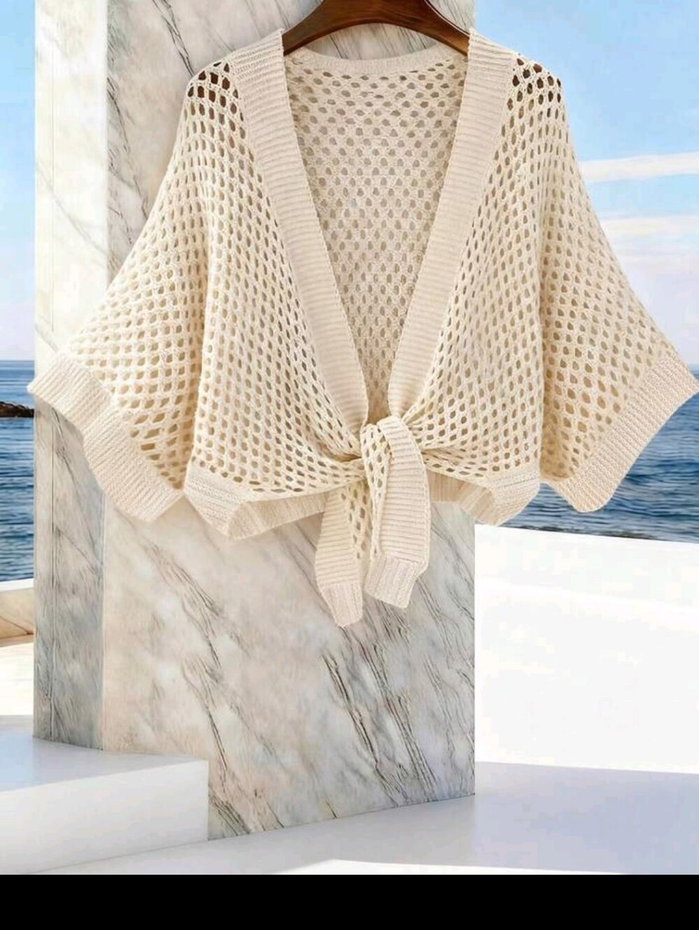 Open-Knit Tie-Front Cardigan Sweater - Cream